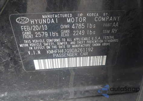 2013 Hyundai Azera z USA, uszkodzony, nr VIN KMHFH4JG9DA261192